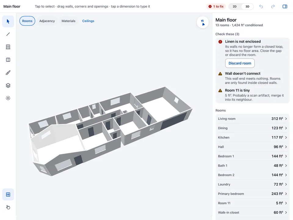 A scanned single-storey house as a 3D dollhouse in calc.blue, next to the list of captured rooms and their areas.