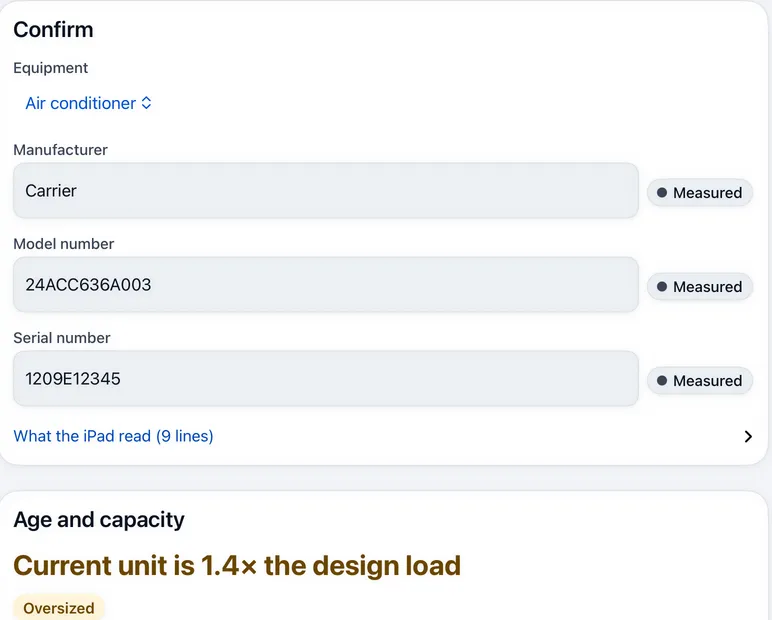 Nameplate reader: manufacturer, model and serial read from a photo, each marked Measured, and the verdict “Current unit is 1.4× the design load: Oversized”.