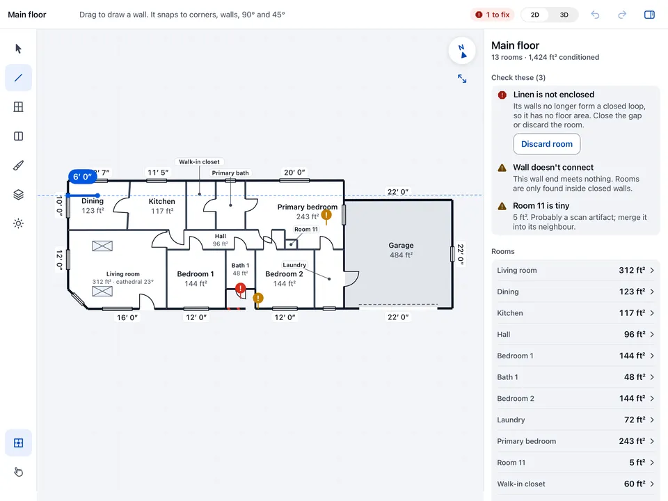 The calc.blue plan editor: a floor plan with wall lengths, a wall being drawn with a live length bubble, and a list of rooms with their areas.