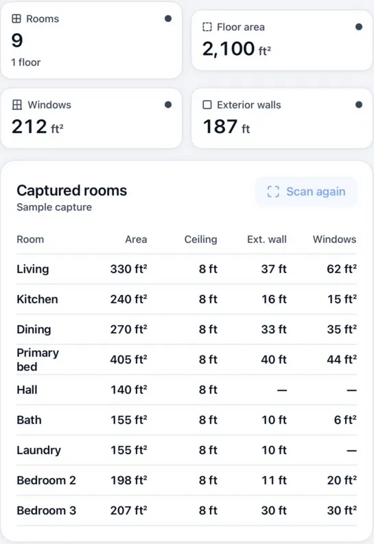 The captured rooms table: area, ceiling height, exterior wall and window area for each room.